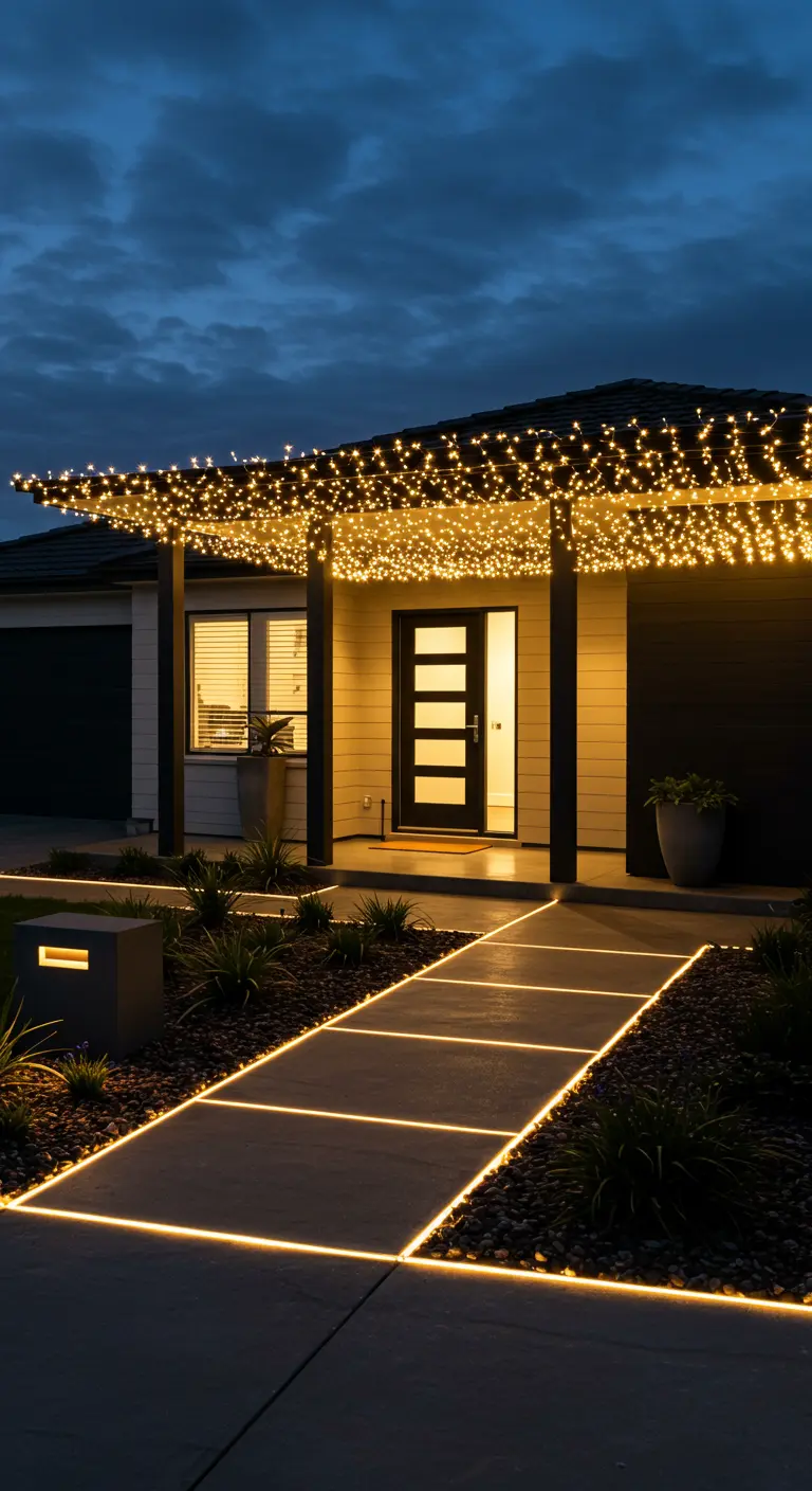 Façade de maison moderne avec un tapis de guirlandes au-dessus du porche et des bandes LED sur l'allée.