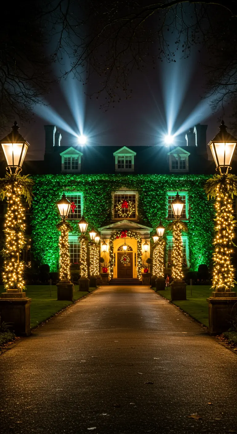 Grande maison avec façade recouverte de végétation, illuminée de projecteurs et guirlandes de Noël.
