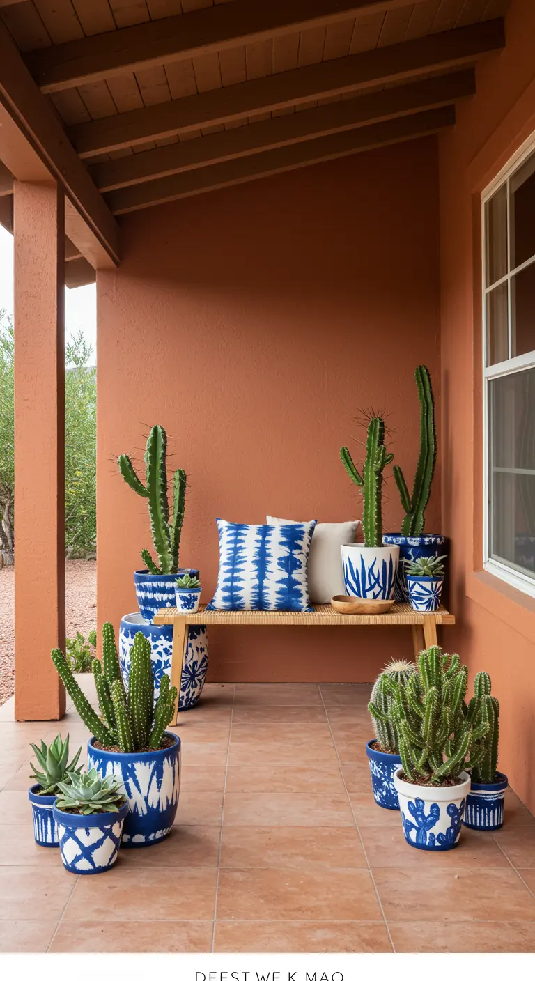 Pots en céramique bleus et blancs avec des motifs complexes abritant des cactus.