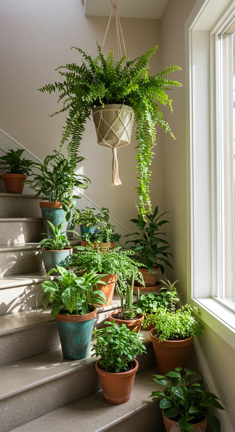 Escalier luxuriant bordé de diverses plantes en pots, avec une grande fougère suspendue.