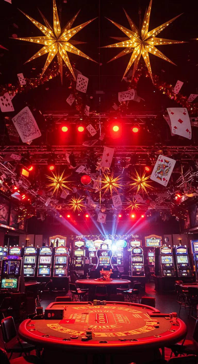 Décor de casino avec des cartes à jouer et des étoiles lumineuses suspendues.