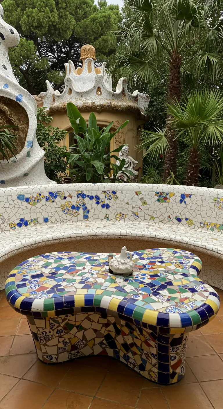 Table basse et banc en mosaïque colorée de style Gaudí.
