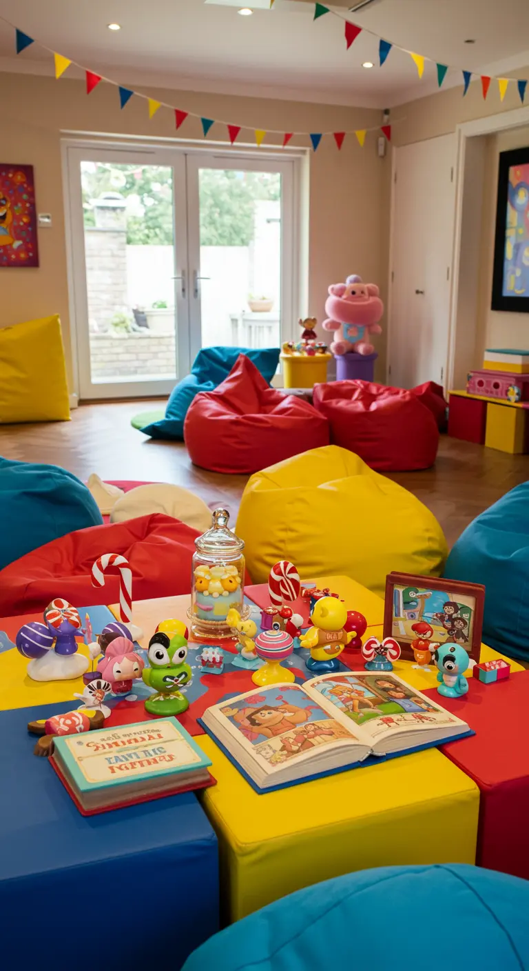 Salle de jeu colorée avec poufs, bonbons et guirlandes pour une fête enfantine.