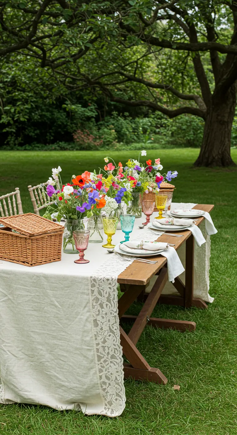 Table de jardin bohème avec nappe en dentelle, bouquets de fleurs colorées et verres multicolores.