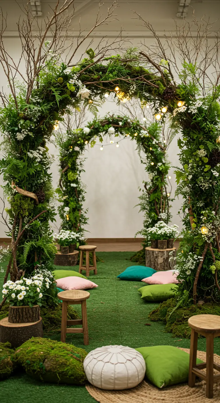 Deux arches faites de branches et de feuillages verts avec des lumières, des troncs d'arbre et des coussins au sol.