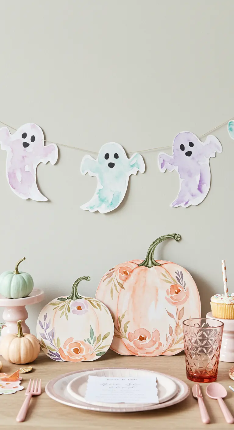 Guirlande de fantômes à l'aquarelle et citrouilles en papier décorées de fleurs.