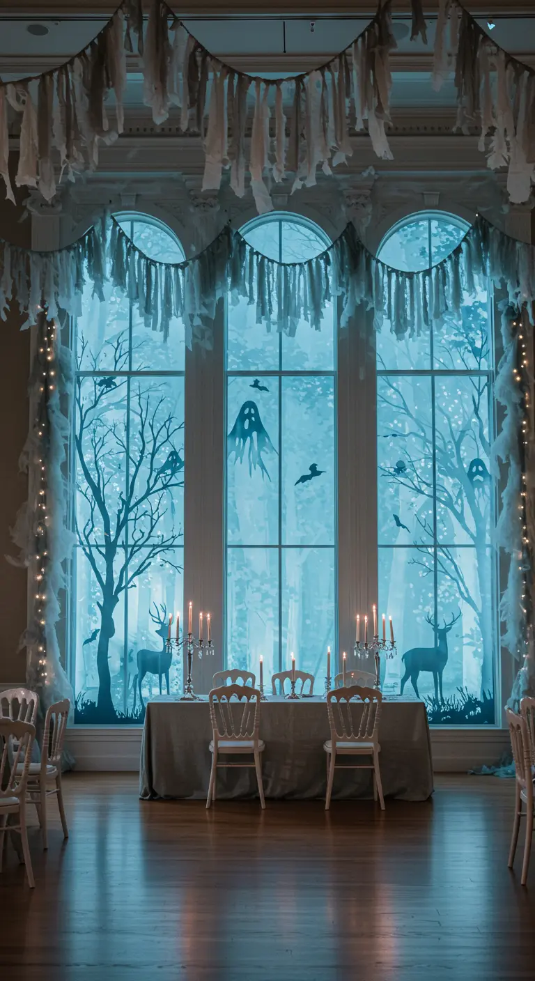 Grande salle à manger avec silhouettes d'arbres, cerfs et fantômes éclairés en bleu aux fenêtres.