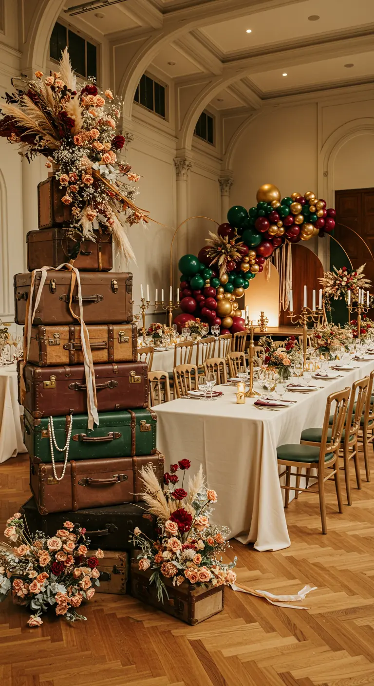 Grande salle de réception avec une pile de valises anciennes et des compositions florales opulentes.
