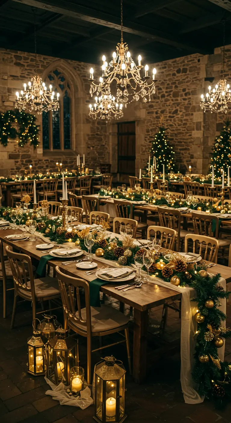 Longues tables festives avec chemins de table sapin, boules dorées et lanternes au sol.