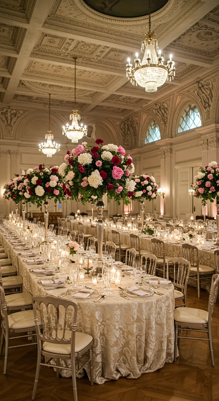 Grande salle de bal avec longues tables, nappes brodées, hauts bouquets de pivoines, chandeliers.