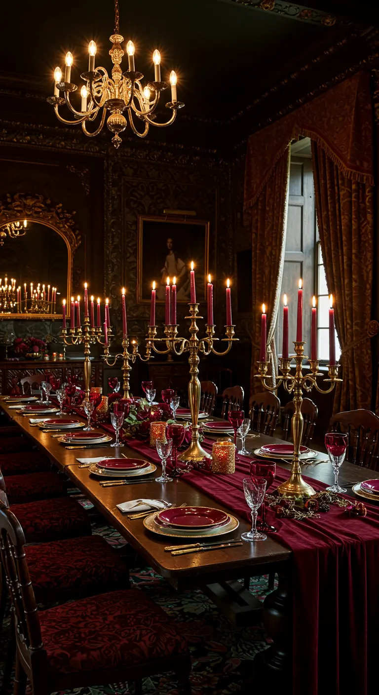 Longue table décorée de pourpre et d'or, chandeliers imposants, ambiance château.