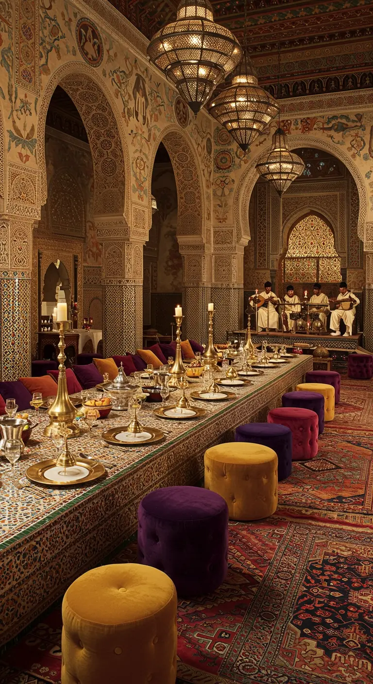 Salle de banquet marocaine richement décorée avec colonnes, tapis, longue table dorée et poufs colorés.
