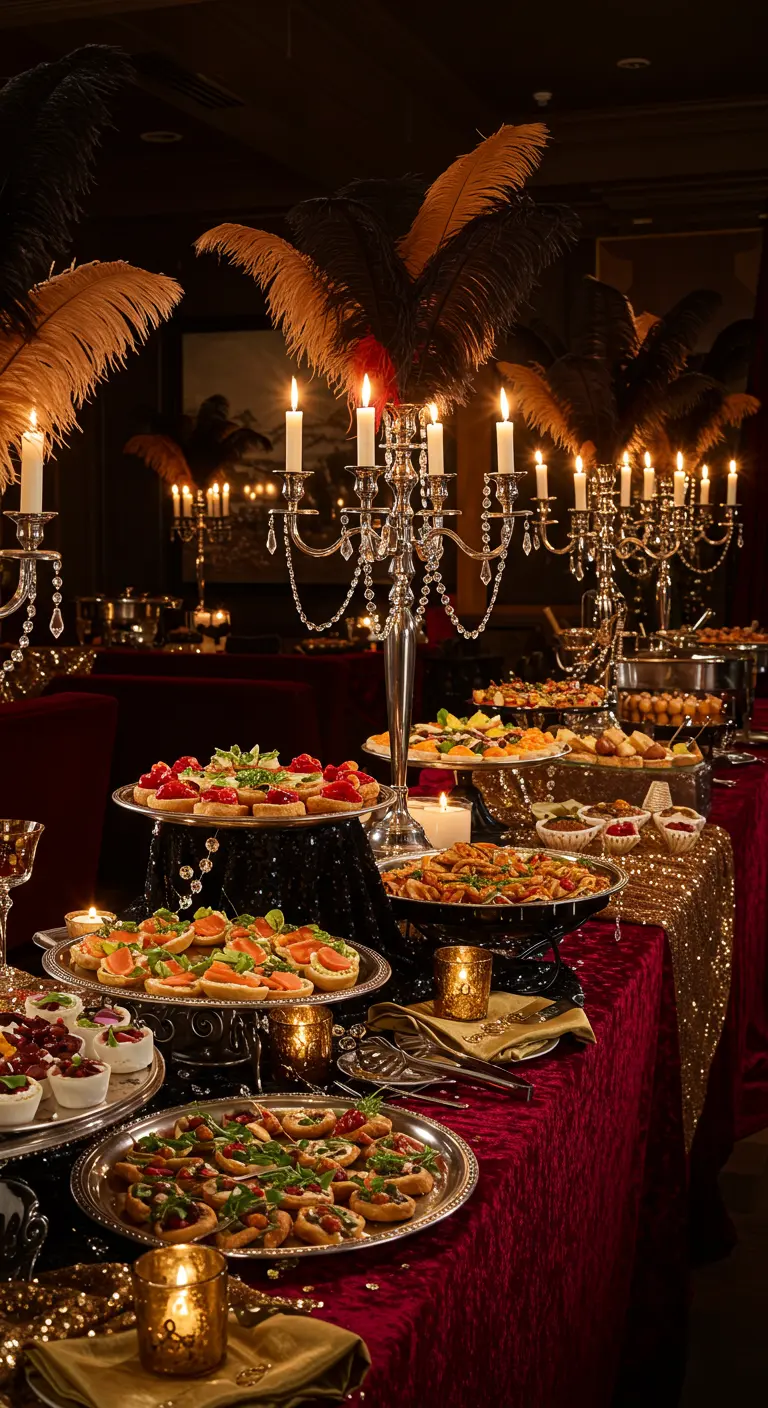 Buffet somptueux, nappe velours rouge, plumes décoratives, candélabres argentés.