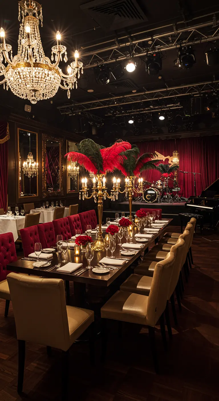 Longue table de banquet avec de hauts candélabres dorés ornés de plumes rouges et de roses.