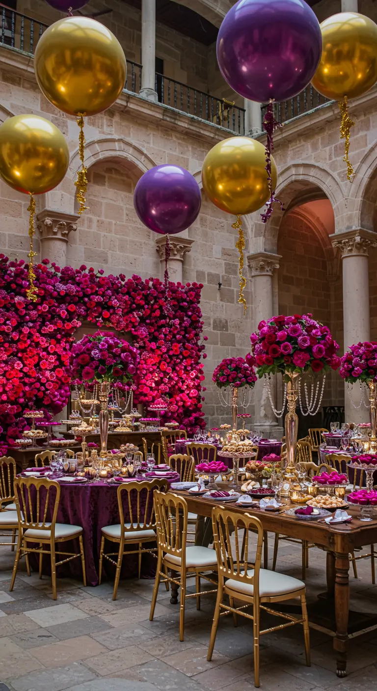 Cour intérieure grandiose avec un mur de roses fuchsia, des tables somptueuses et des ballons dorés et violets.
