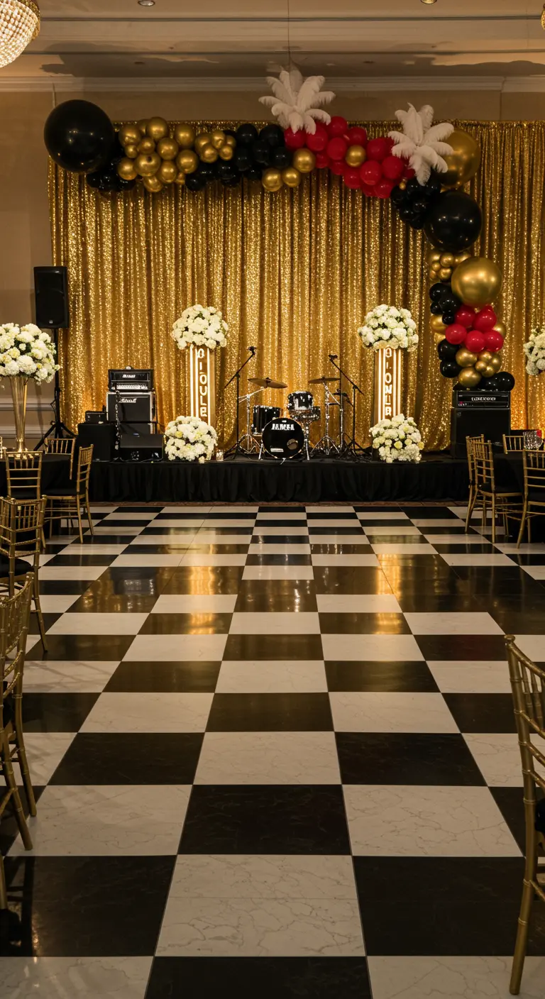 Salle décorée avec rideaux dorés, ballons noirs/or/rouge, piste à carreaux et scène musicale.