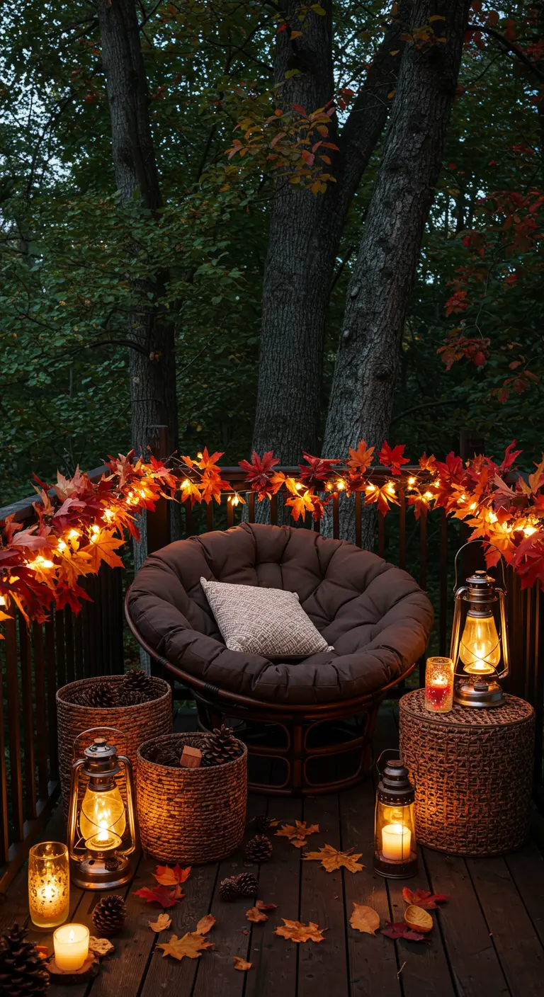 Fauteuil œuf sur balcon boisé, avec guirlande lumineuse de feuilles, lanternes et pommes de pin.