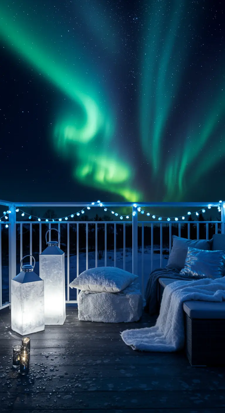 Balcon inspiré de l'Arctique avec grandes lanternes blanches, aurores boréales, neige et décor bleu. 