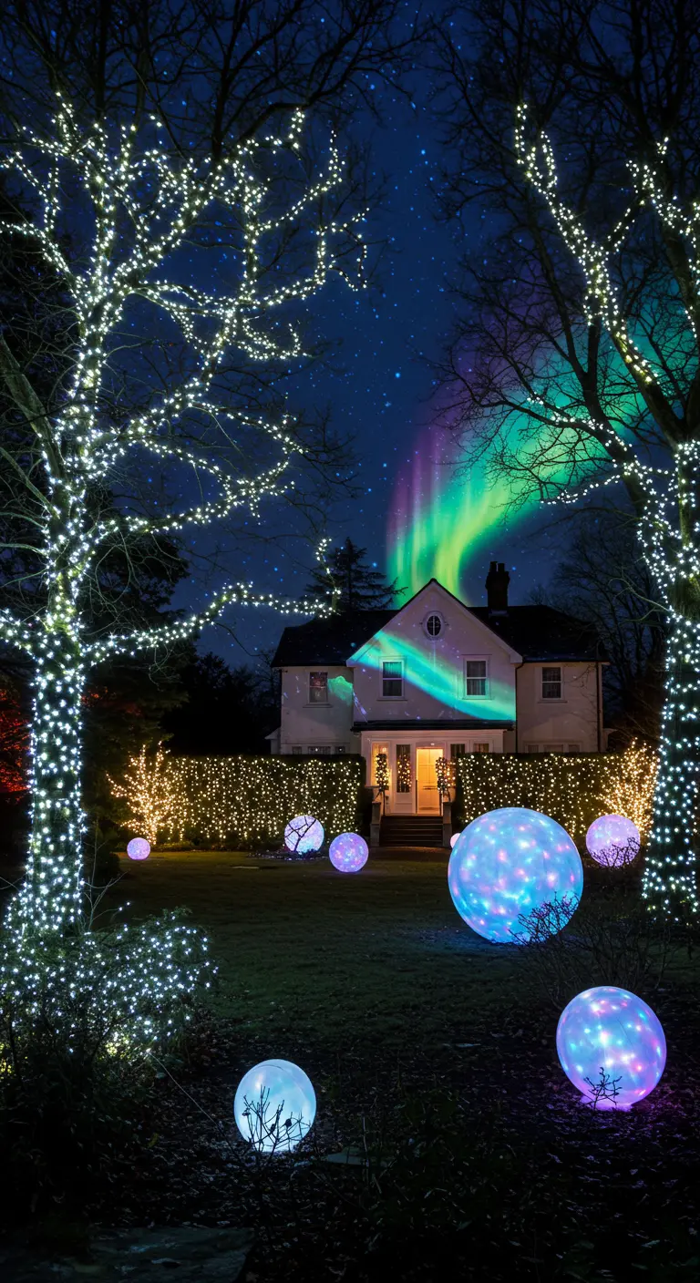 Jardin enneigé avec arbres entièrement illuminés, sphères lumineuses au sol et aurore boréale projetée sur la maison.