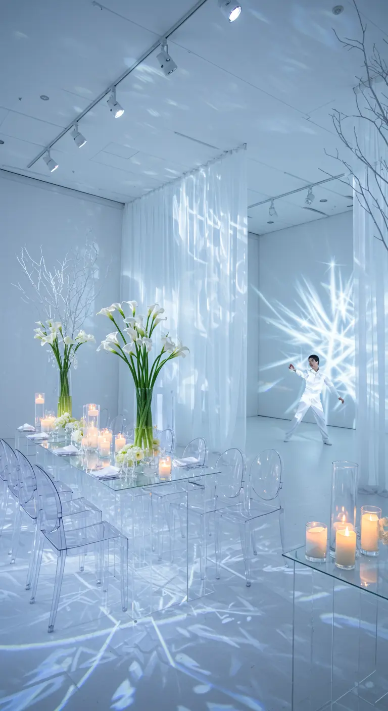 Salle blanche et bleue avec tables et chaises transparentes, motifs lumineux projetés sur les murs, callas blancs.