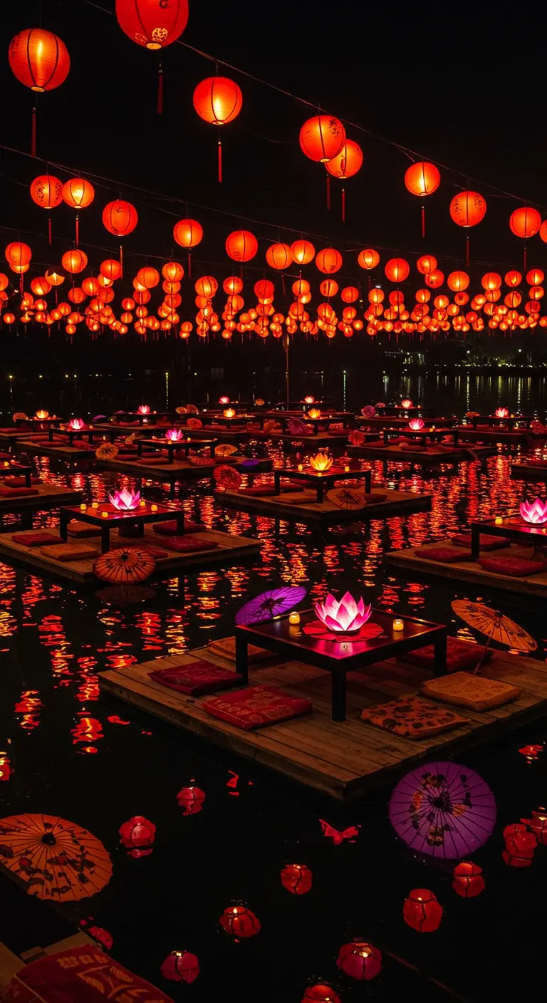Tables basses flottantes illuminées par des lampions rouges et des fleurs de lotus lumineuses sur l'eau la nuit.
