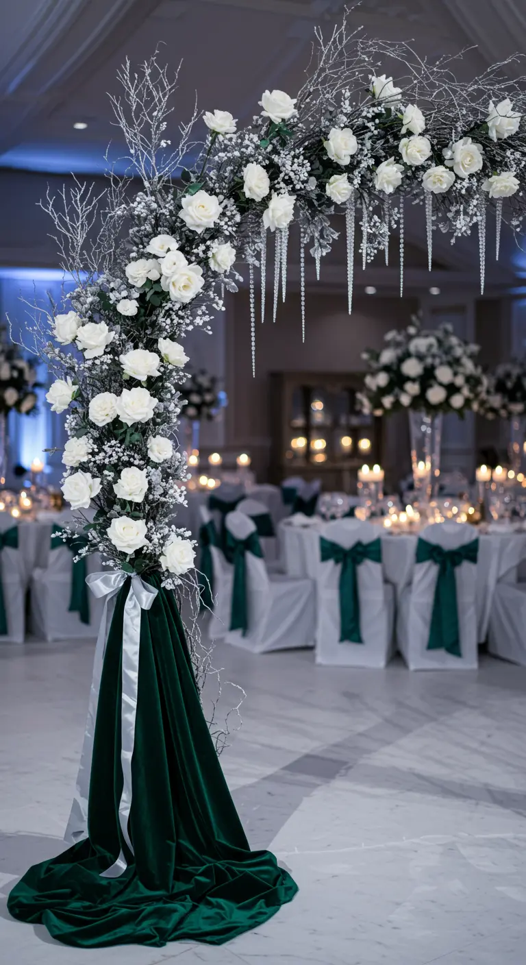 Arche hivernale de roses blanches, branches argentées, stalactites de cristaux, drapé velours émeraude.