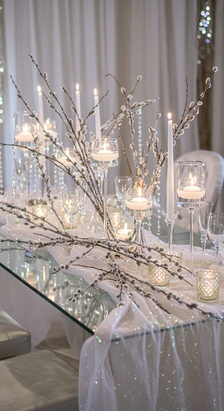 Table de fête délicate avec branches de saule, paillettes et bougies flottantes.