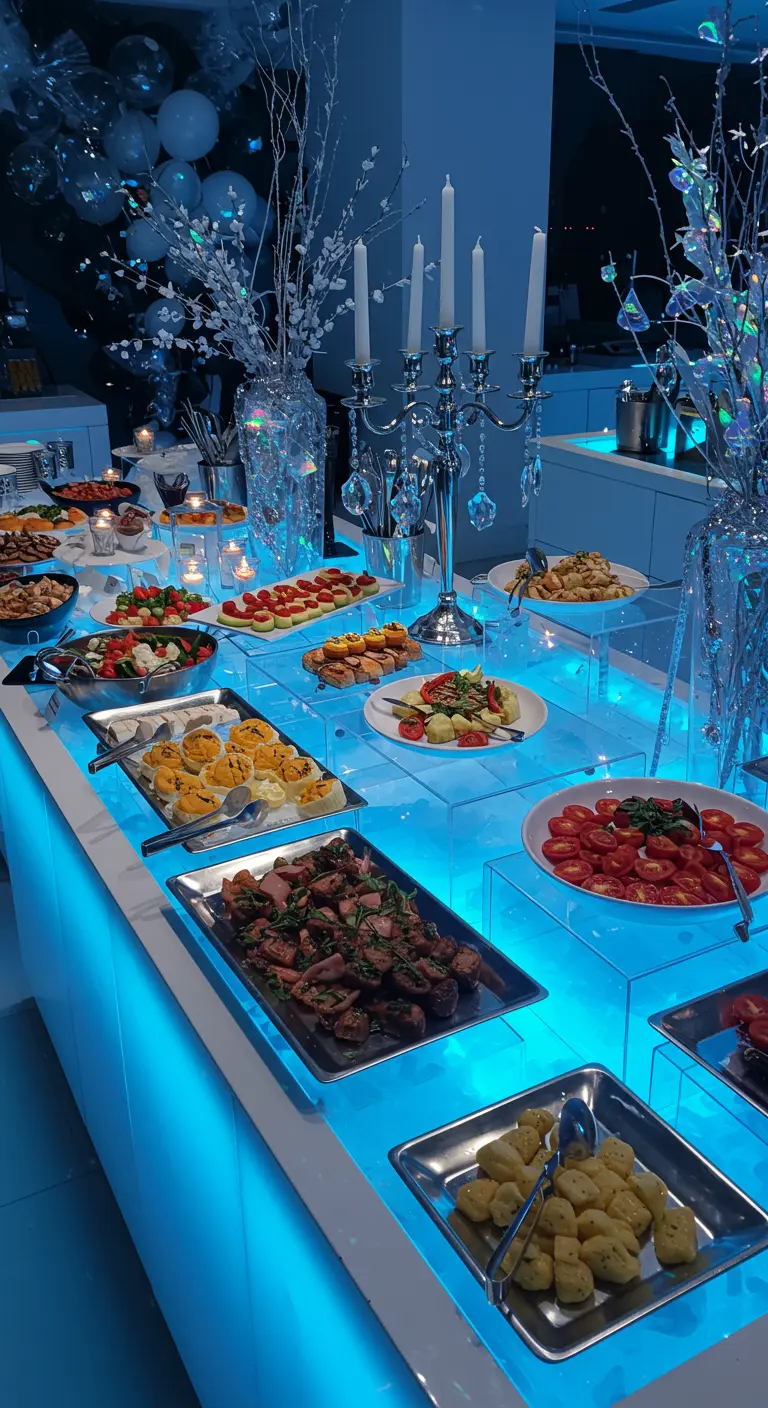 Buffet glacé avec éclairage LED bleu, décor hivernal blanc et argenté, étagères en plexi.