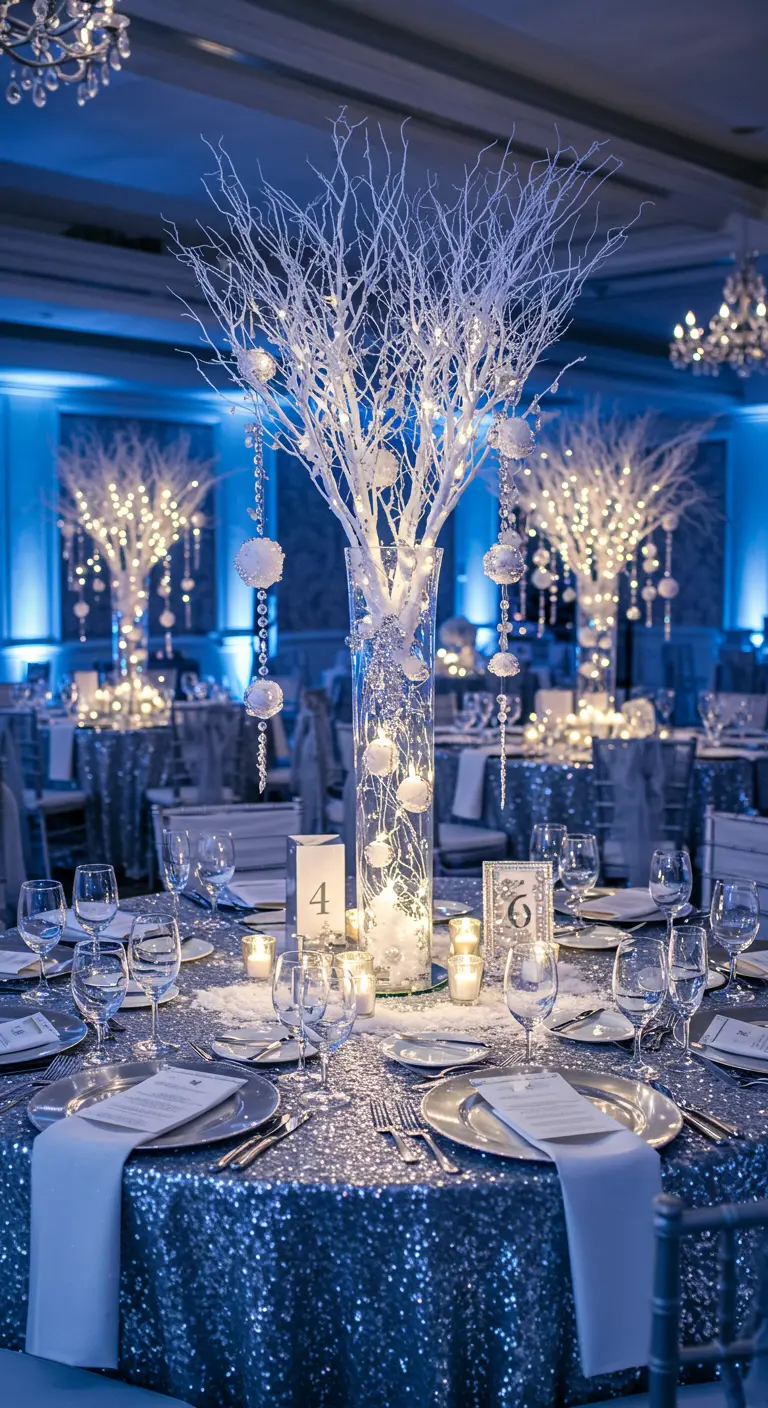 Table de réception hivernale avec centres de table lumineux en branches blanches et nappe à paillettes.