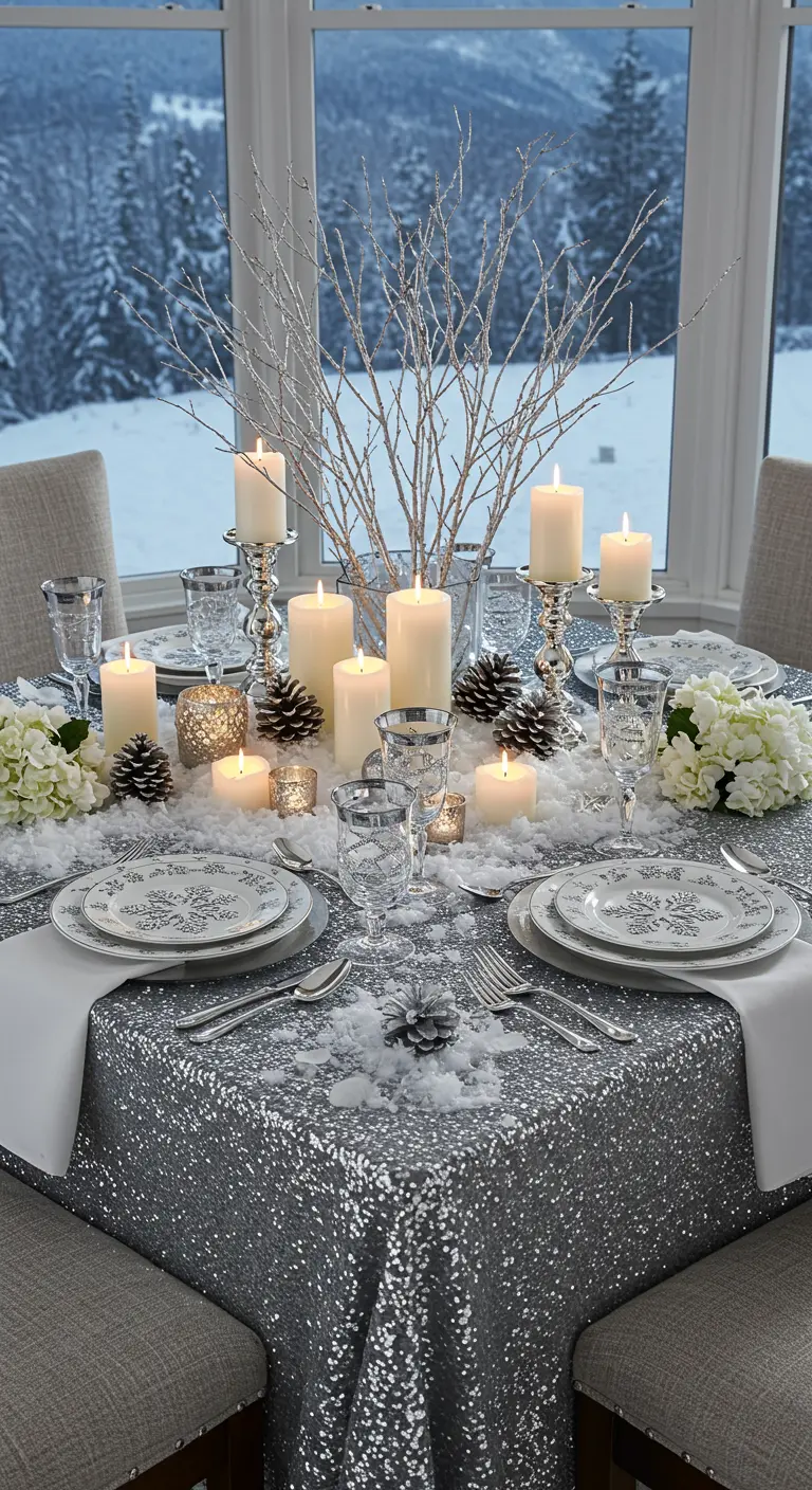 Table de dîner sur le thème de l'hiver avec une nappe à sequins argentés et de la fausse neige.
