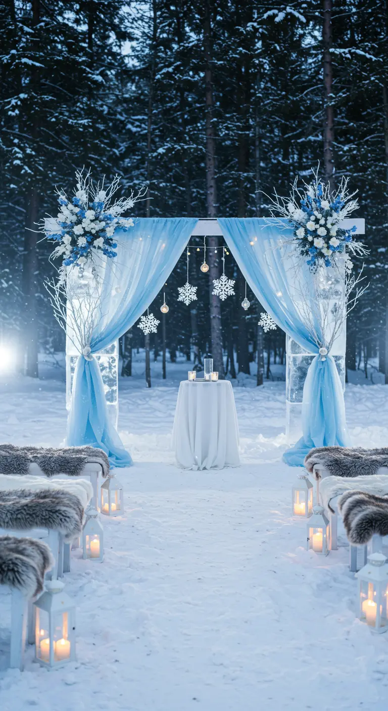 Arche de mariage hivernale en forêt enneigée avec tissu bleu pâle, flocons de neige, branches blanches et lanternes.