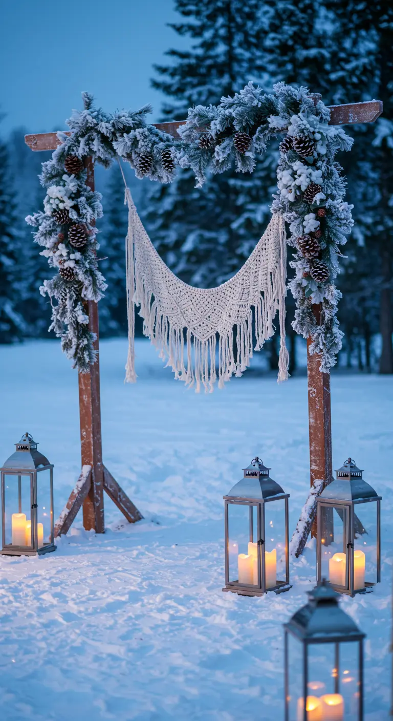 Arche de mariage en bois dans la neige avec guirlandes givrées et lanternes.