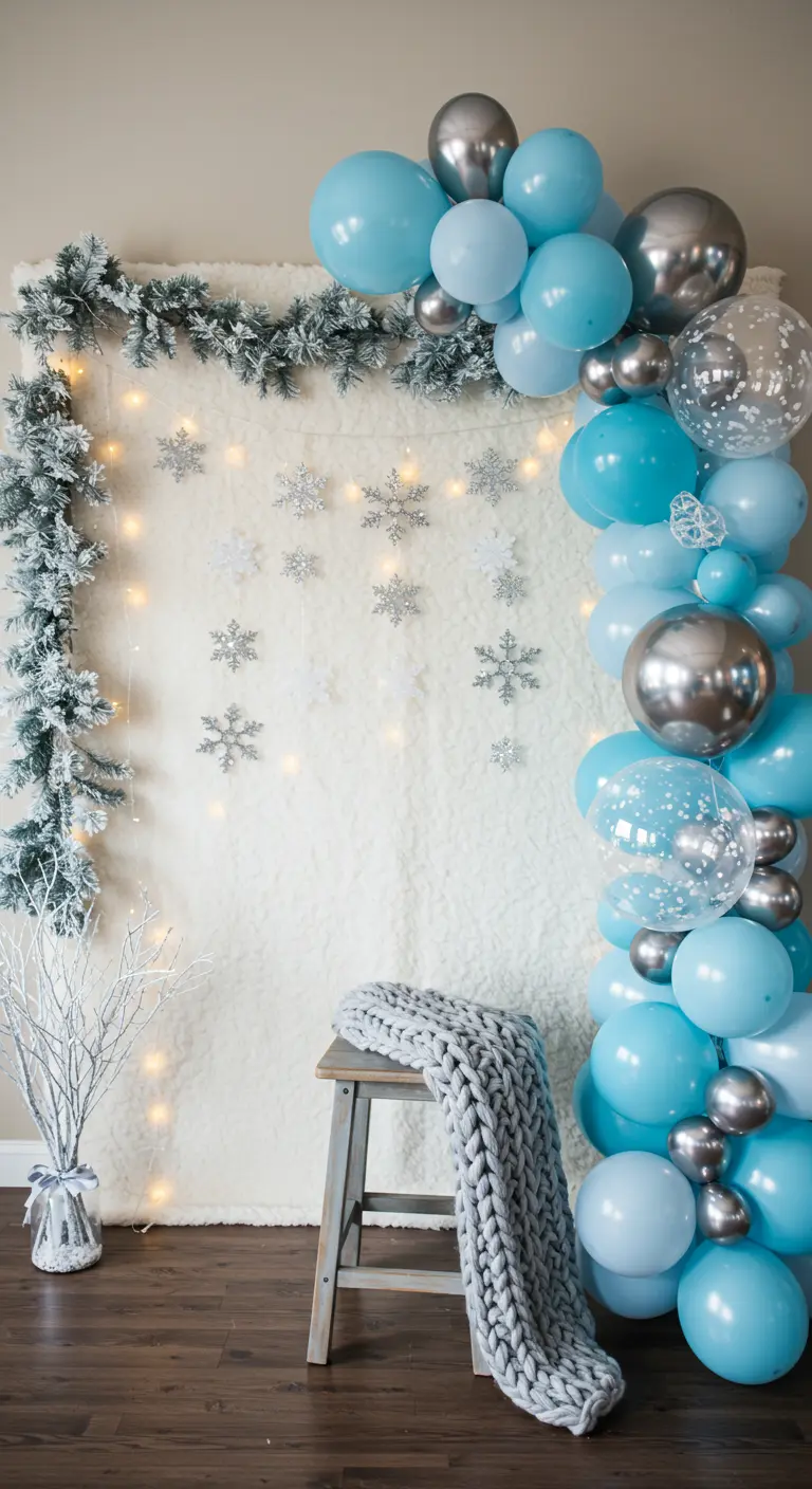 Photobooth hivernal avec fond blanc texturé, guirlande enneigée et ballons bleus et argentés.