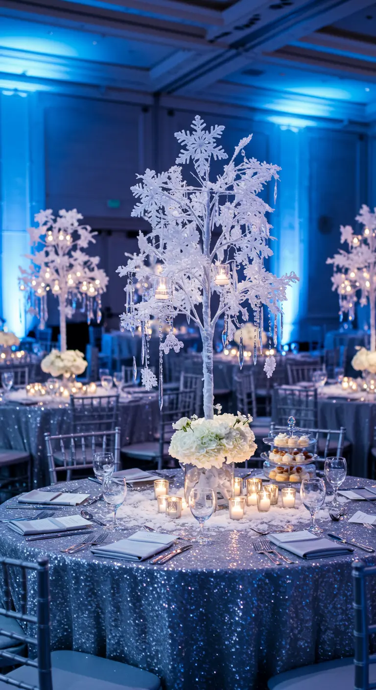Salle de réception décorée sur le thème hivernal avec nappes à sequins argentés et arbres de neige.