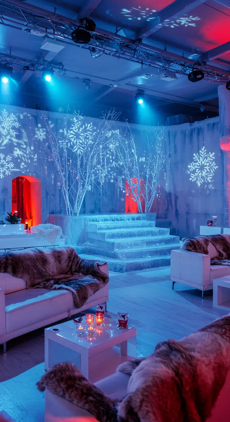 Décoration hivernale avec éclairage bleu, arbres lumineux, fausse fourrure et touches rouges.