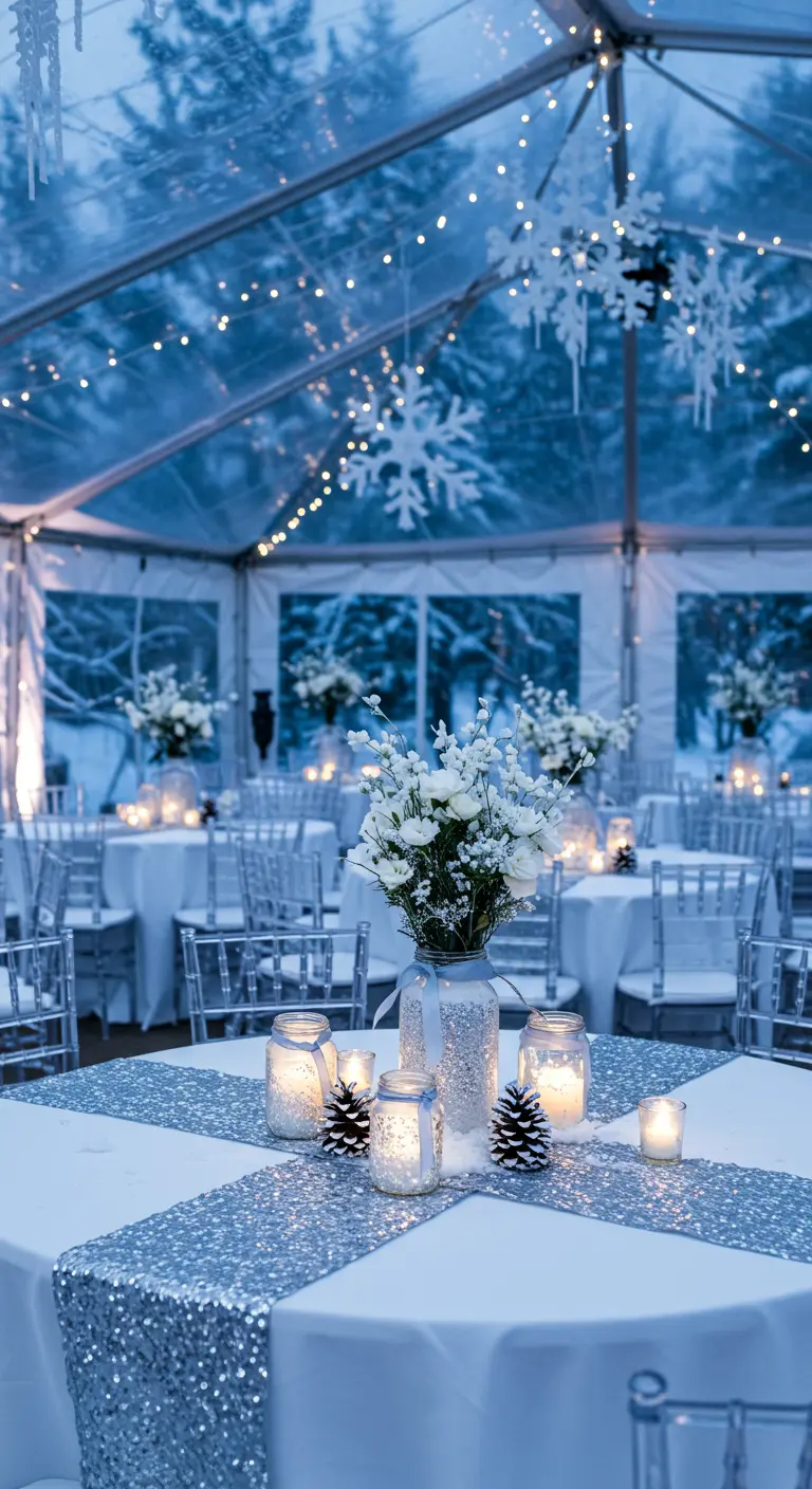 Centre de table hivernal blanc et argenté, avec bocaux lumineux, pommes de pin et bougies.