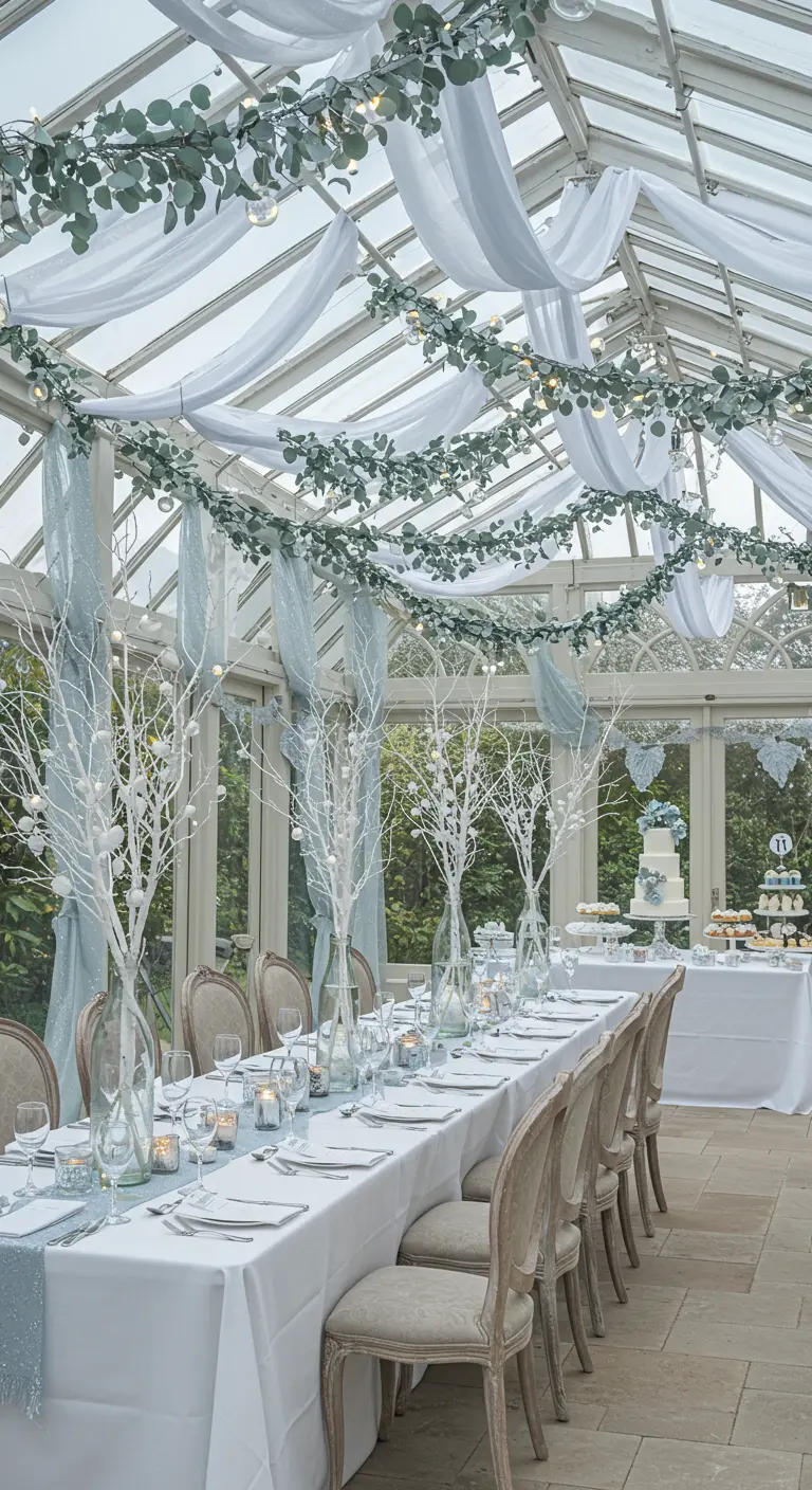 Décoration hivernale dans une serre avec draps blancs, branches décorées et lumières.