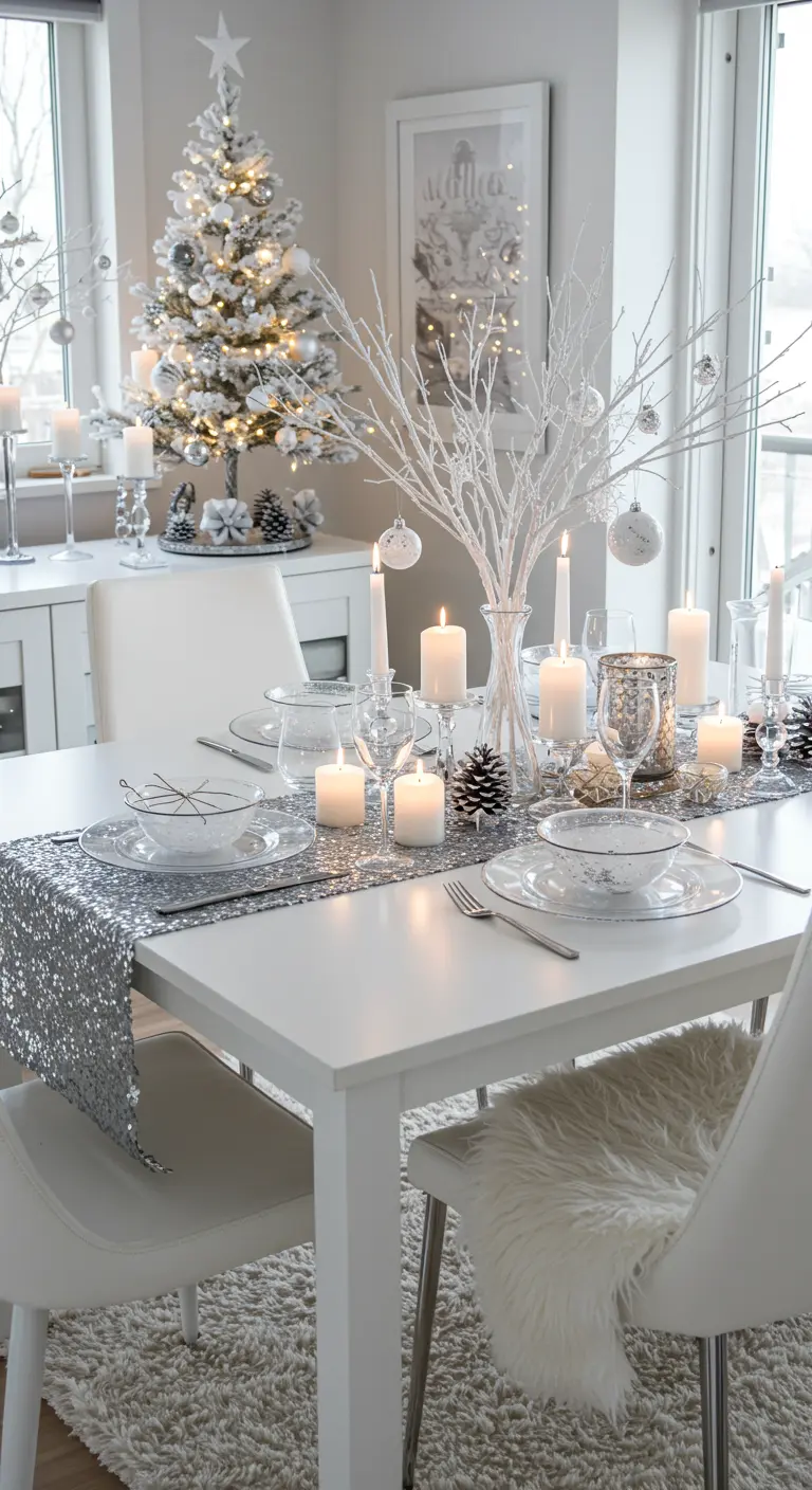Table de salle à manger blanche décorée de branches blanches avec boules argentées, bougies et chemin de table pailleté.