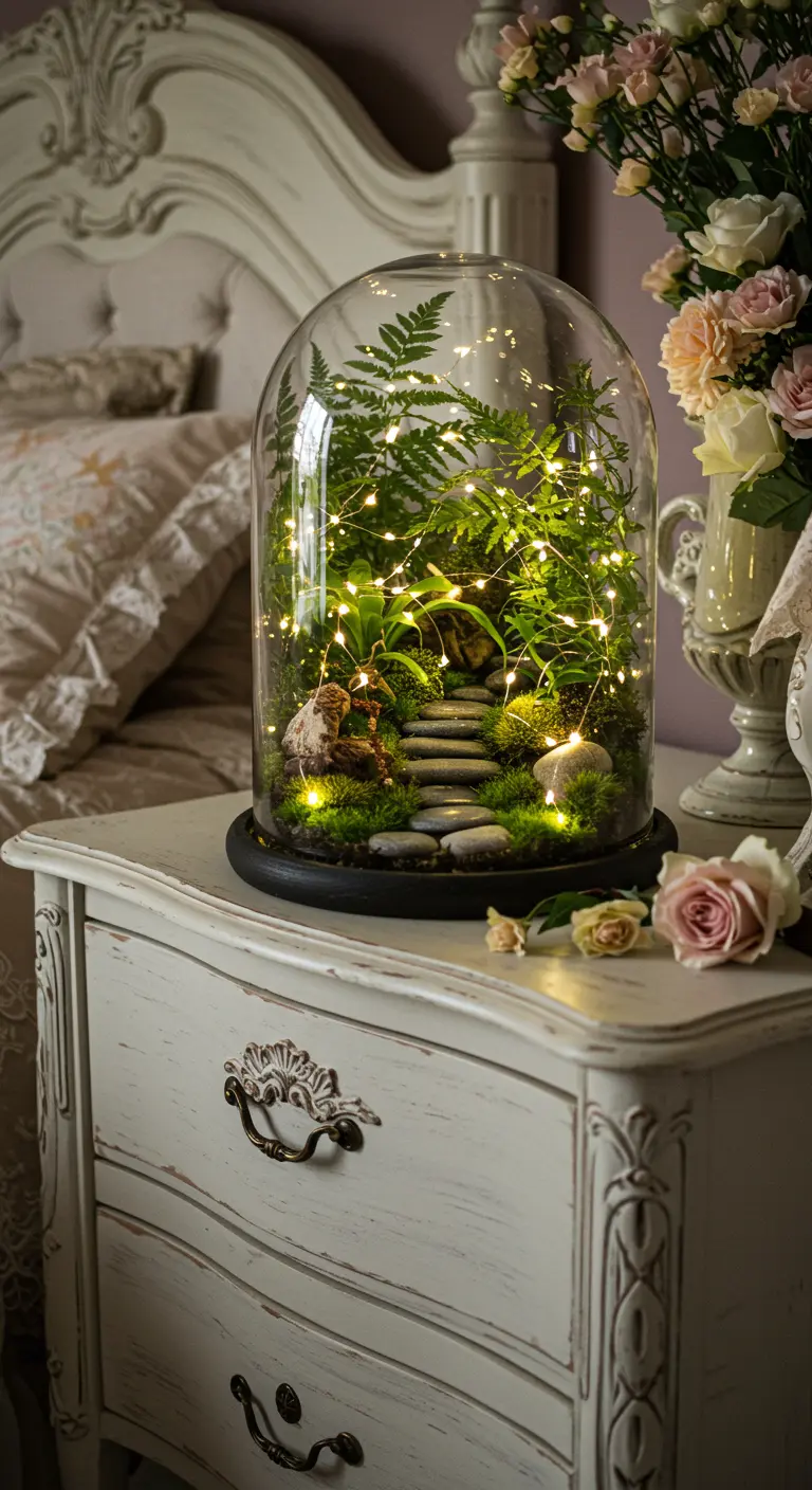 Terrarium sous cloche avec fougère, mousse, pierres et guirlande lumineuse LED sur une table de chevet.