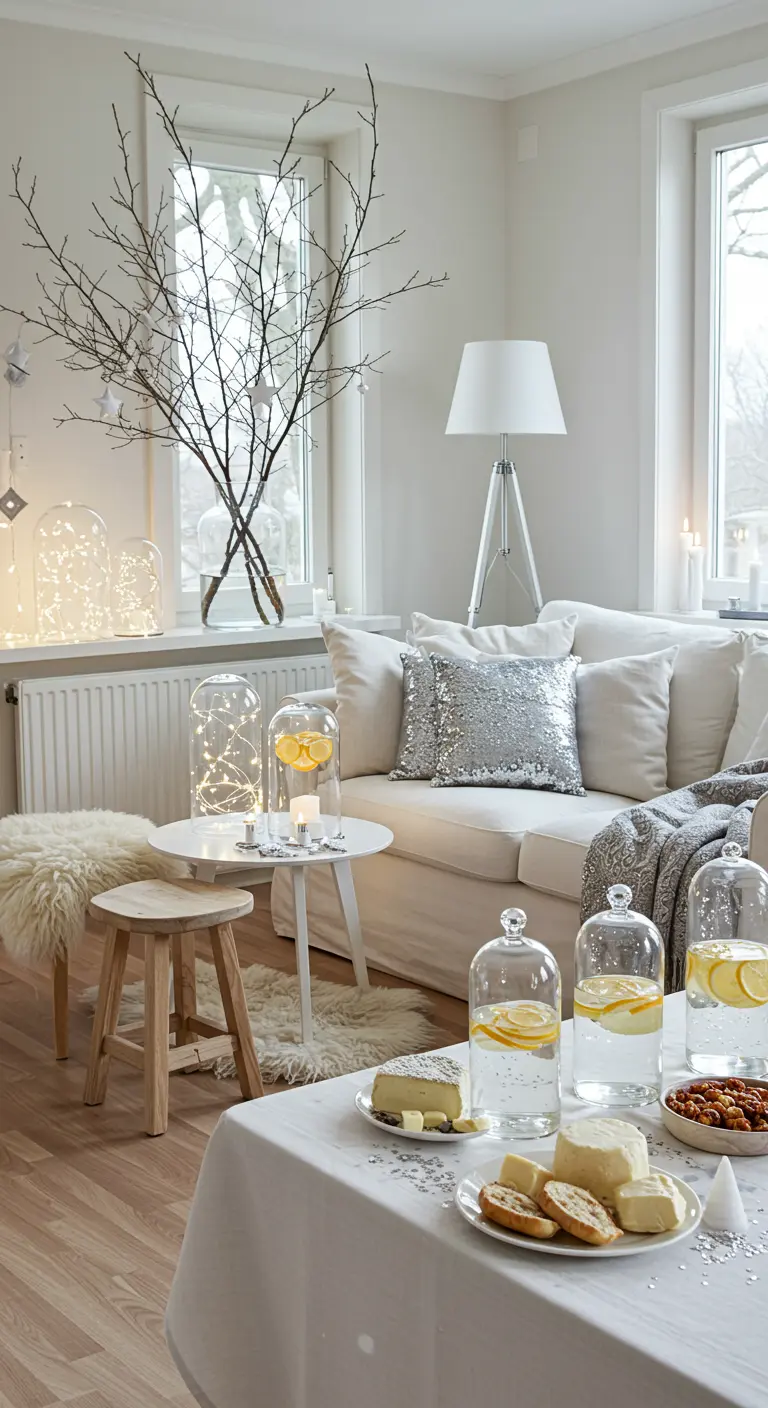 Un salon blanc et lumineux avec des plaids en fausse fourrure, des coussins argentés et des branches décorées de lumières.