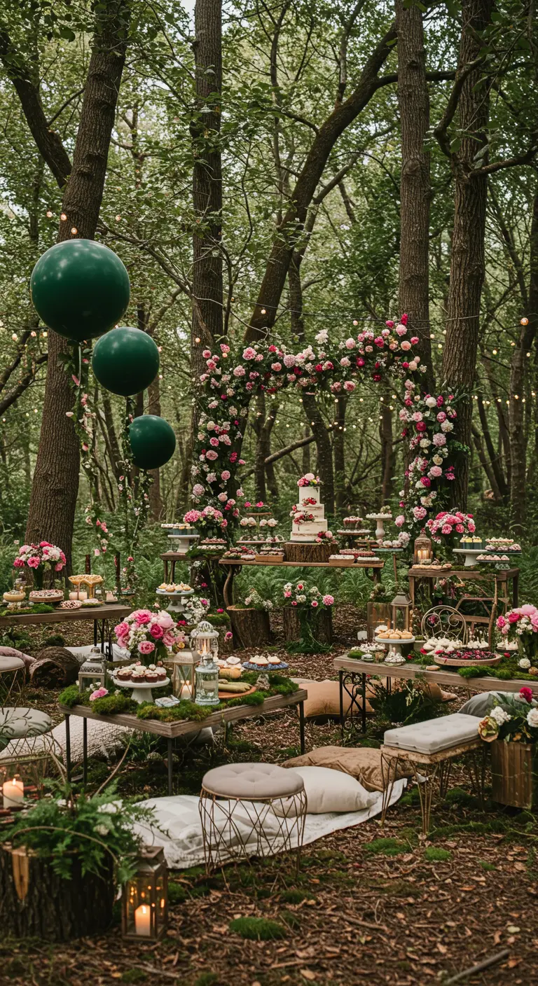 Cérémonie d'anniversaire en forêt avec arche de roses, tables basses, coussins et lumières suspendues.