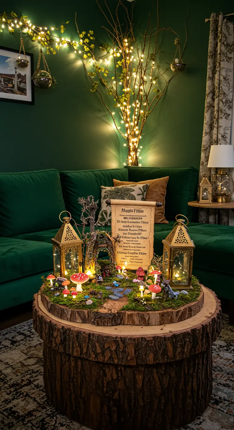 Centre de table féerique avec lanternes, champignons lumineux et branchages éclairés.