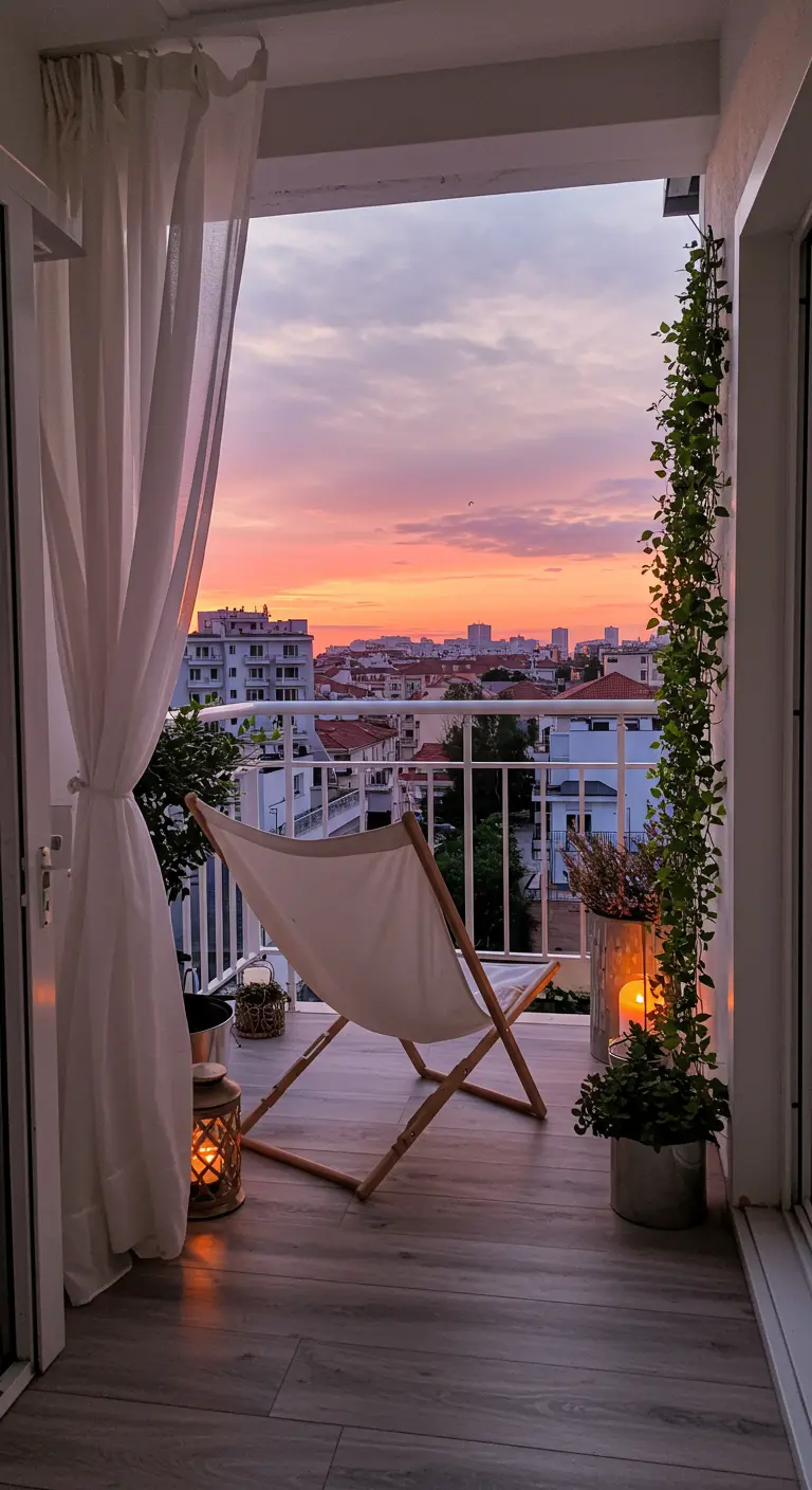 Chaise simple en toile sur un petit balcon face à un coucher de soleil rose.