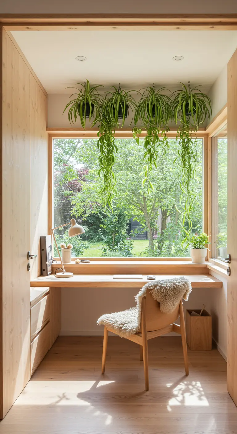 Bureau en bois intégré devant une grande fenêtre avec vue sur jardin.