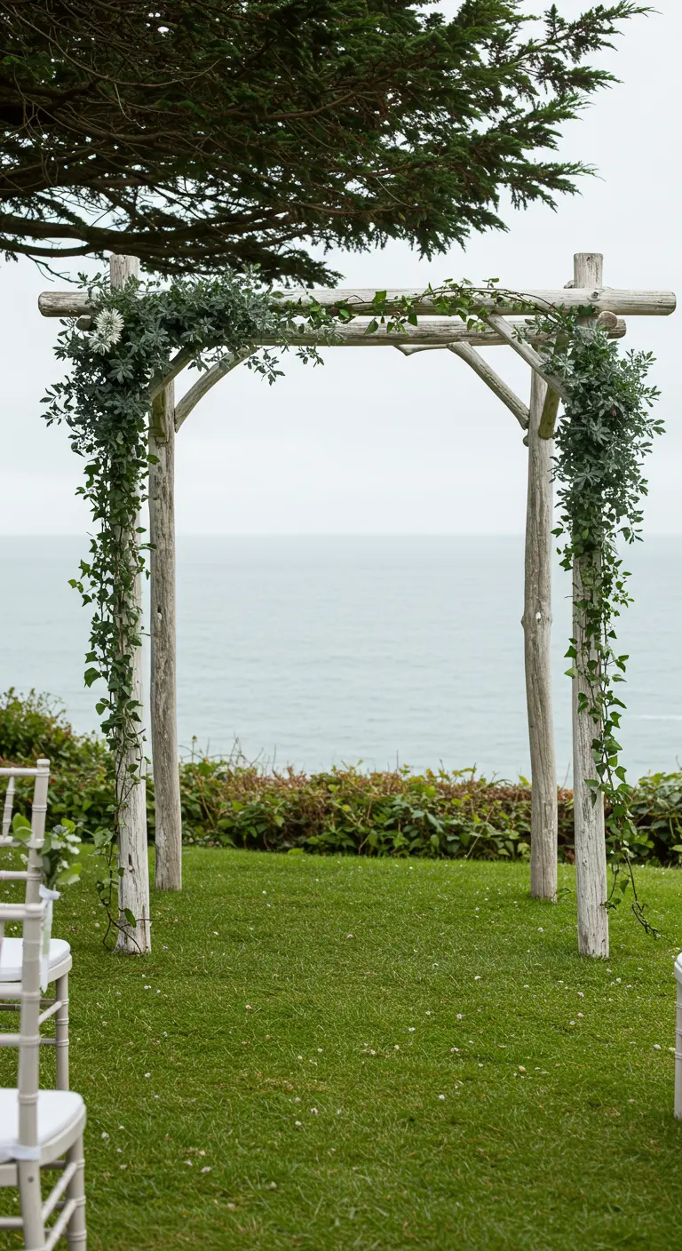Arche de mariage simple en bois blanc patiné surplombant l'océan.