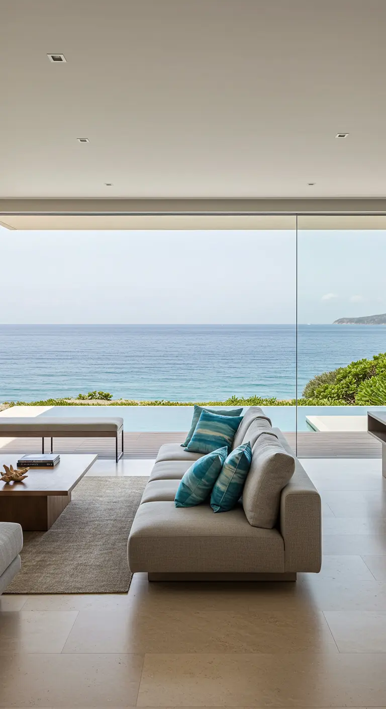 Canapé beige face à une baie vitrée donnant sur l'océan, avec des coussins bleus et turquoise.