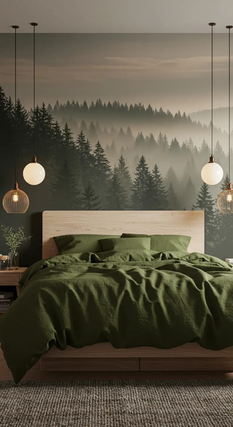 Un papier peint panoramique représentant une forêt brumeuse sert de tête de lit.