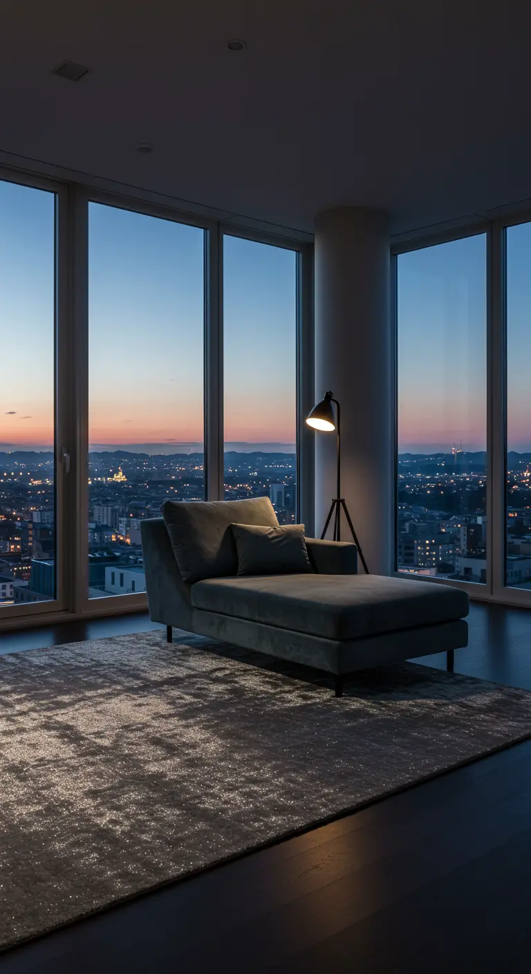 Méridienne grise face à une baie vitrée donnant sur un panorama urbain au crépuscule.