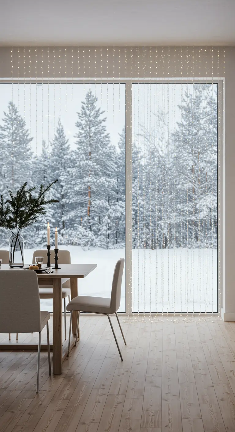 Table de salle à manger devant une grande fenêtre avec des guirlandes lumineuses verticales.