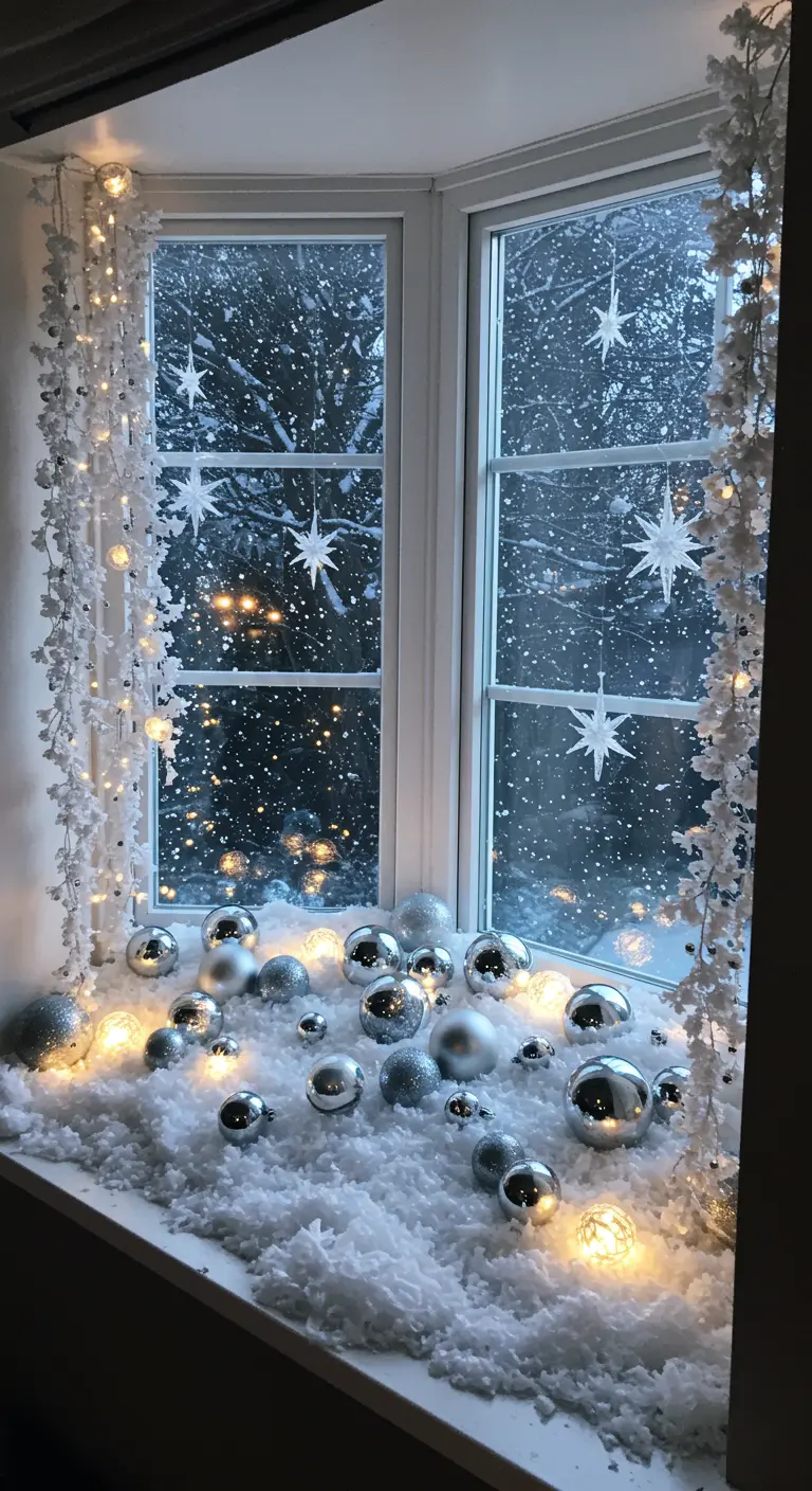 Rebord de fenêtre décoré de neige, boules argentées et guirlandes.